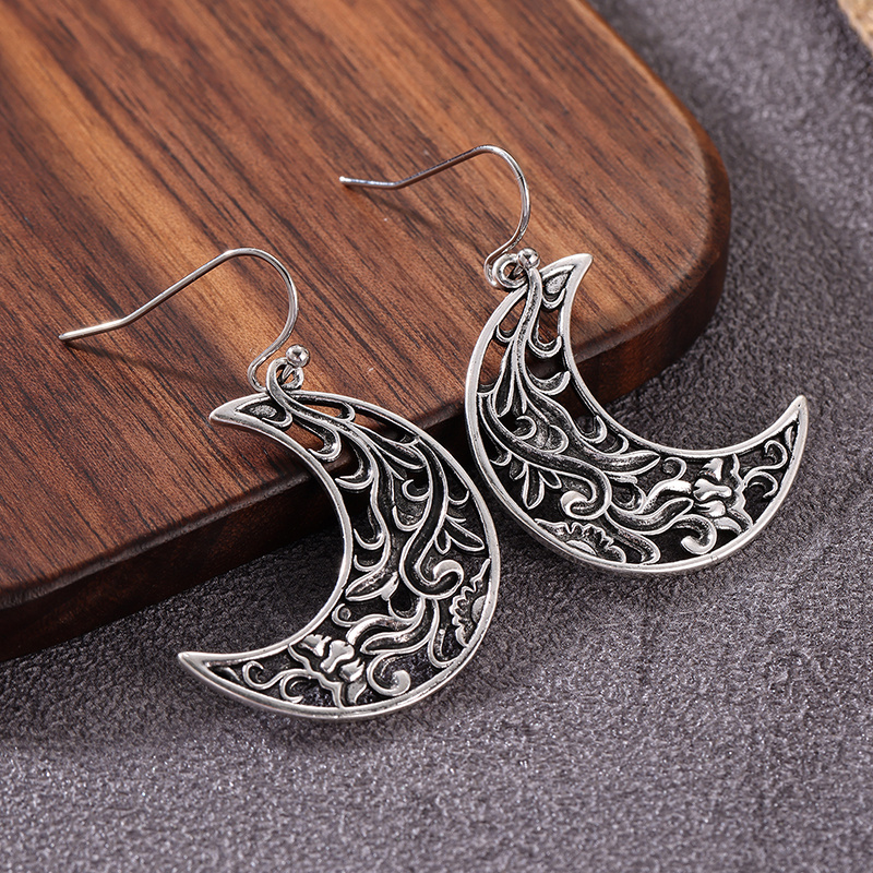 Bohemian Engraved Crescent-Shaped Hollow Drop Earrings, Gift Idea